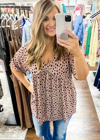Blush Dotted Woven V Neck Top