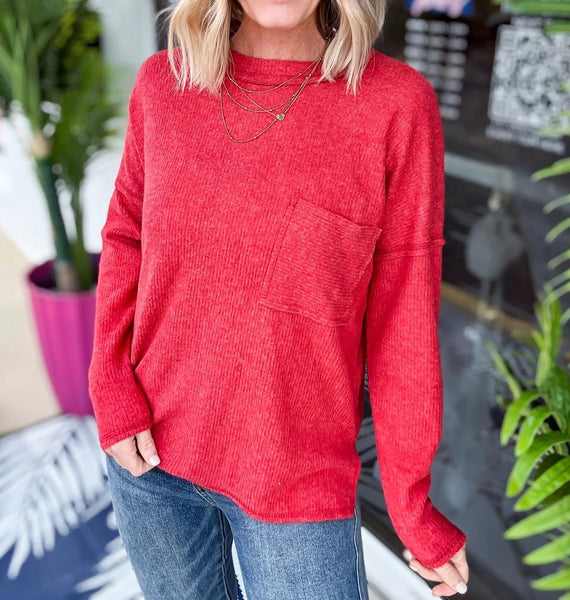 Red Cozy Knit Ribbed Pocket Sweater
