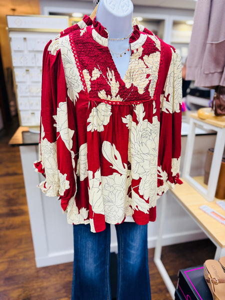UMGEE Hampton Leaf Print Top Burgundy