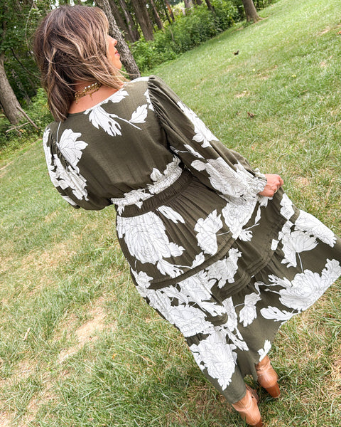 Olive Meadow Tiered Midi Dress