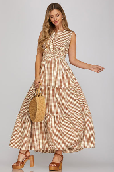 Mocha Gingham Tiered Maxi Dress