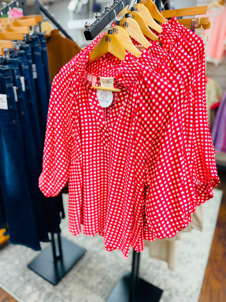UMGEE Gingham Check Puff Sleeve Top