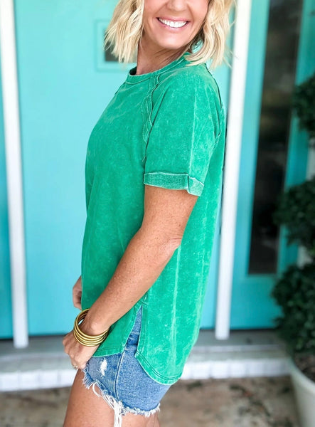 Curved Hem Acid Wash Tee Green