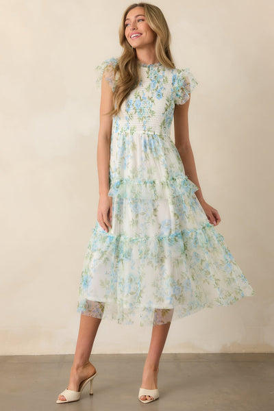 Blue Floral Ruffle Chiffon Dress