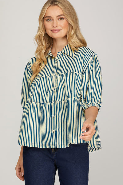 Ruffle Stripe Button Down Top Blue