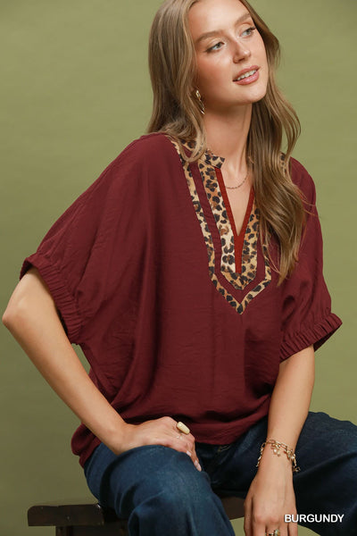 UMGEE Rowan Leopard Contrast Top Wine