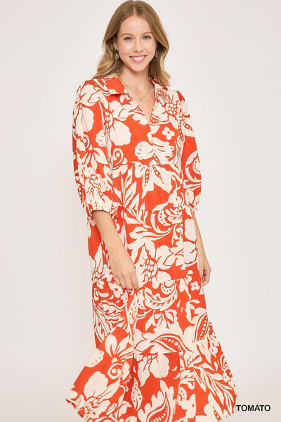 UMGEE Floral Print Midi Dress Coral