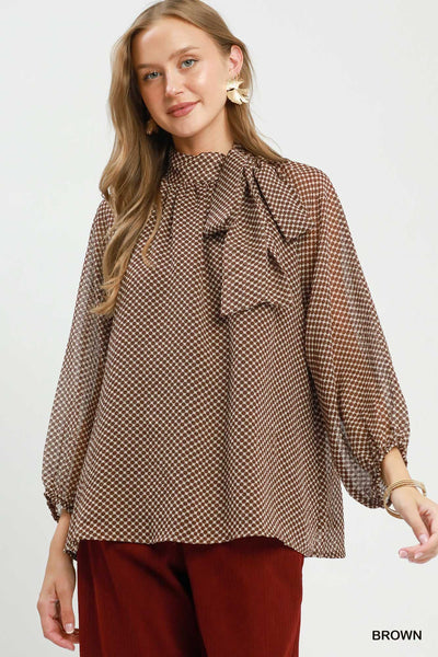 UMGEE Dot Print Tie Neck Top Brown