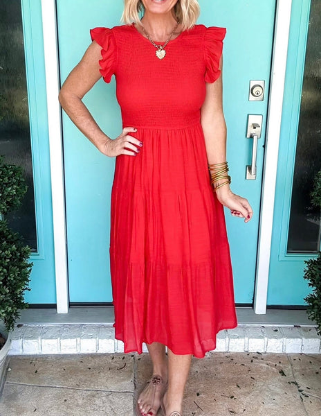 Red Smocked Ruffle Midi Dress