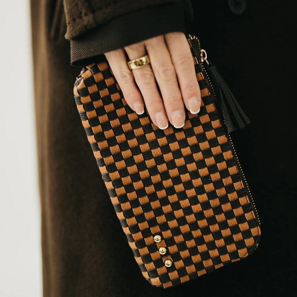 Emma Woven Clutch Wristlet Checker Coffee
