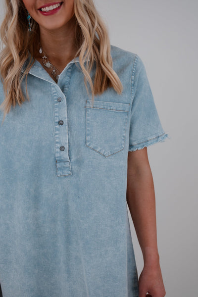 Lizzy Linen Raw Hem Pocket Dress Blue Grey