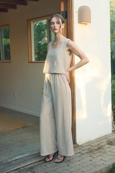 2PC Khaki Stripe Top & Pants SET