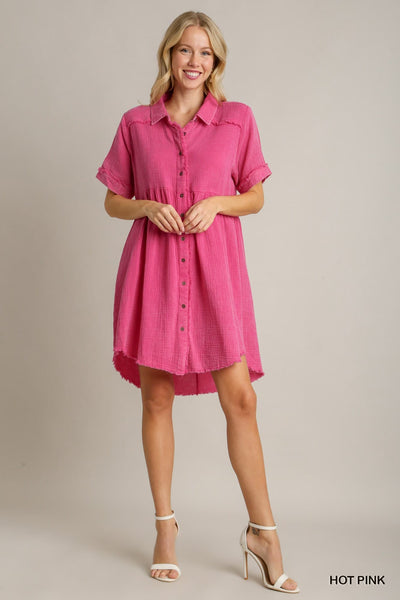 UMGEE Mineral Wash Collared Dress Hot Pink
