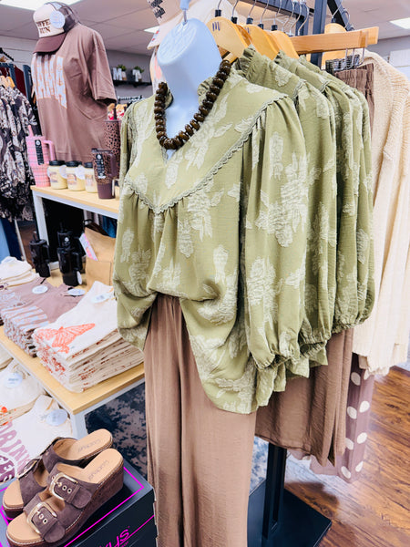 UMGEE Floral Textured Top Olive