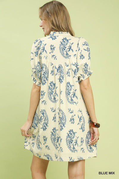 UMGEE Paisley Scallop Trim Dress Blue Mix