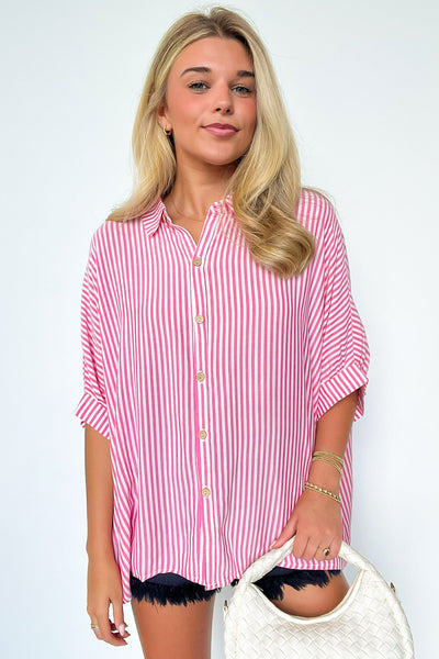 Lucky Stripes Button Down Top Pink