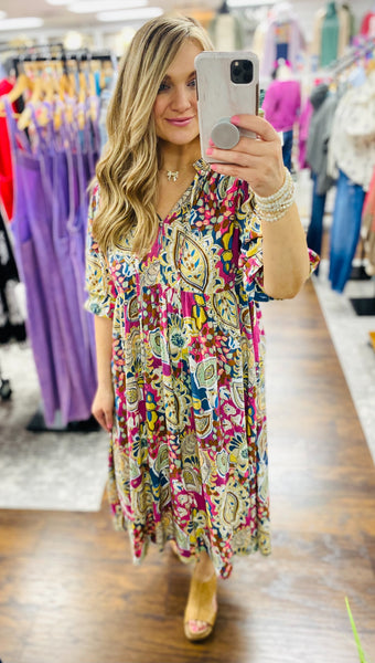 UMGEE Paisley Print A Line 3/4 Puff Sleeve Midi Dress Pink Mix
