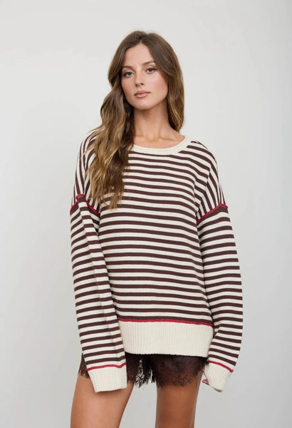 Stripe Raw Edge Sweater Cocoa & Cream