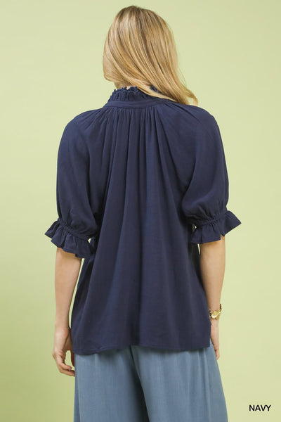 UMGEE Scalloped Ruffle Detail Top Navy