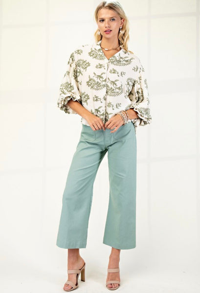 Sage Mix Button Down Top
