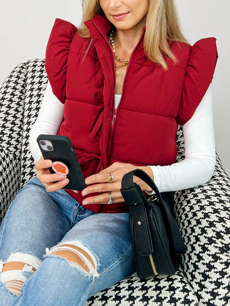 Flutter Sleeve Puffer Vest Red Wine