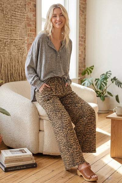 Leopard Wide Leg French Terry Pant
