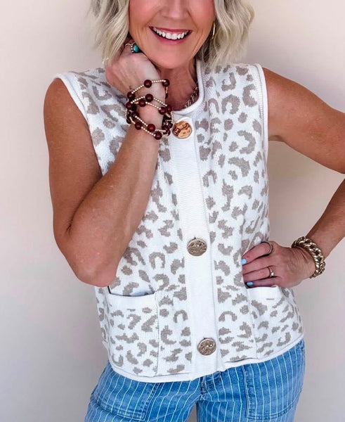 Cream Leopard Button Sweater