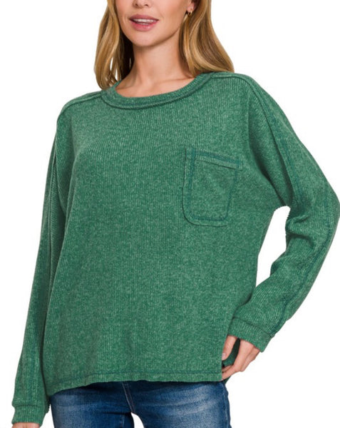 Green Cozy Knit Ribbed Pocket Sweater