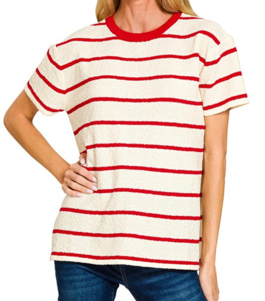 Stripe Short Sleeve Top Red Ivory