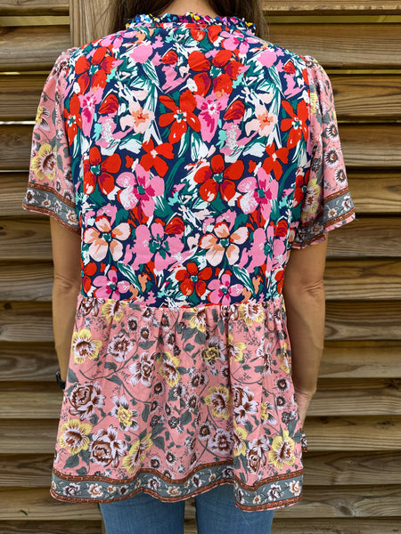 UMGEE Navy Mix Printed Smocked Shoulder Top