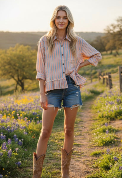 Stripe Ruffle Button Down Top Pink Mix