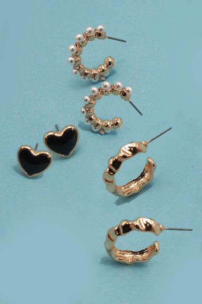 Huggie Hoop Heart Trio Gold Earring Set