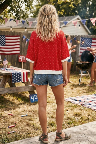 Polka Dot Button Front Knit Top Red