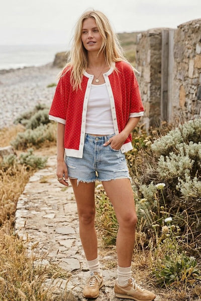 Polka Dot Button Front Knit Top Red