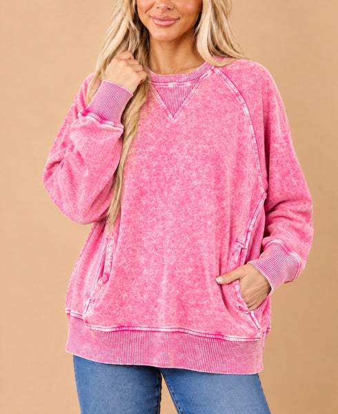 Acid Wash Pocket Sweatshirt Hot Pink