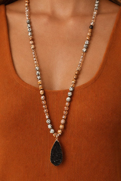 Natural Stone Bead Necklace with Black Druzy Pendant