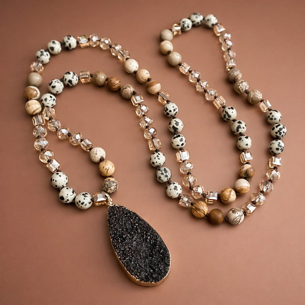Natural Stone Bead Necklace with Black Druzy Pendant
