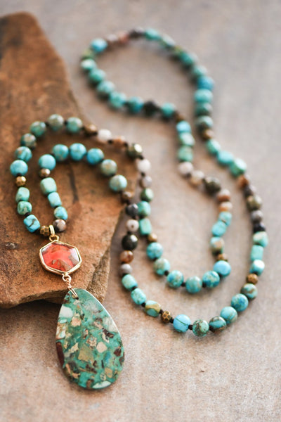 Natural Stone Bead Necklace with Teal Sea Stone Pendant