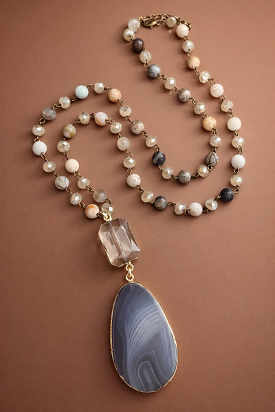 Natural Stone Bright Bead Necklace Neutral with Agate Pendant