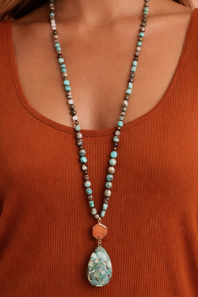 Natural Stone Bead Necklace with Teal Sea Stone Pendant