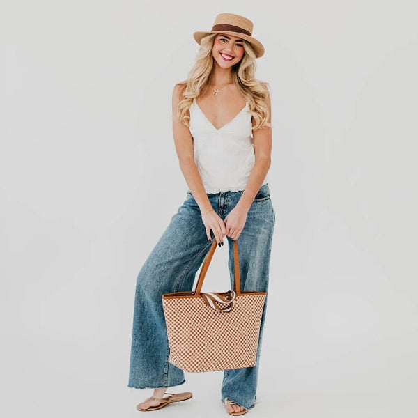 Tiffany Woven Organizer Tote Bag Checker Brown