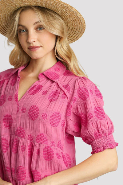 UMGEE Dotted Smocked Puff Sleeve Dress Rose
