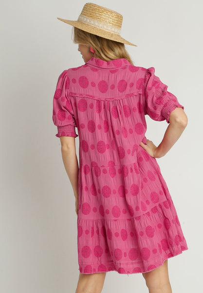 UMGEE Dotted Smocked Puff Sleeve Dress Rose