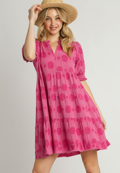 UMGEE Dotted Smocked Puff Sleeve Dress Rose