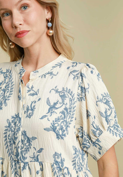 UMGEE Mandarin Collar Tiered Print Maxi Dress Blue Mix