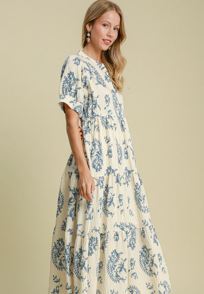 UMGEE Mandarin Collar Tiered Print Maxi Dress Blue Mix