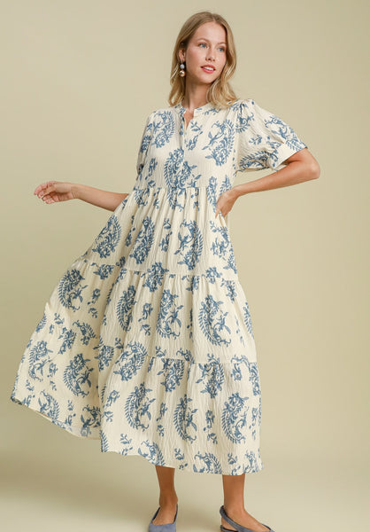 UMGEE Mandarin Collar Tiered Print Maxi Dress Blue Mix