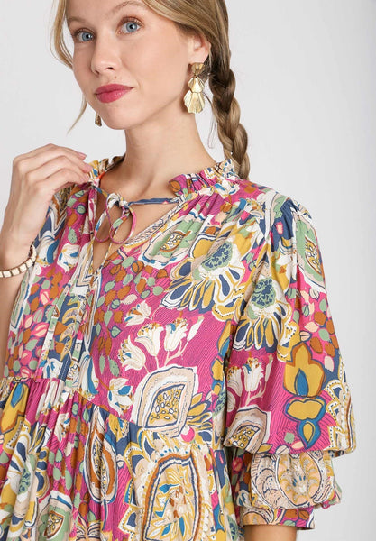 UMGEE Paisley Print A Line 3/4 Puff Sleeve Midi Dress Pink Mix