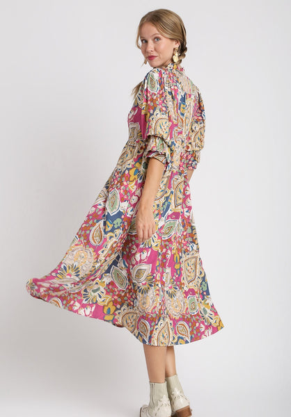 UMGEE Paisley Print A Line 3/4 Puff Sleeve Midi Dress Pink Mix