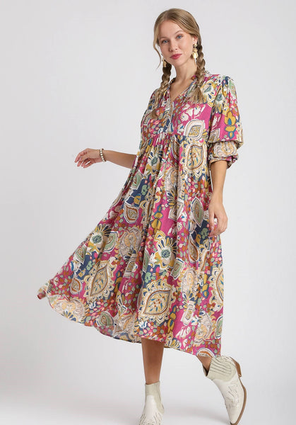 UMGEE Paisley Print A Line 3/4 Puff Sleeve Midi Dress Pink Mix